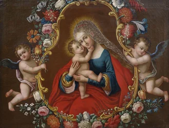 Maria con il Bambino (tipo Maria Hilf secondo Cranach), incorniciata da una ghirlanda di fiori portata da angeli